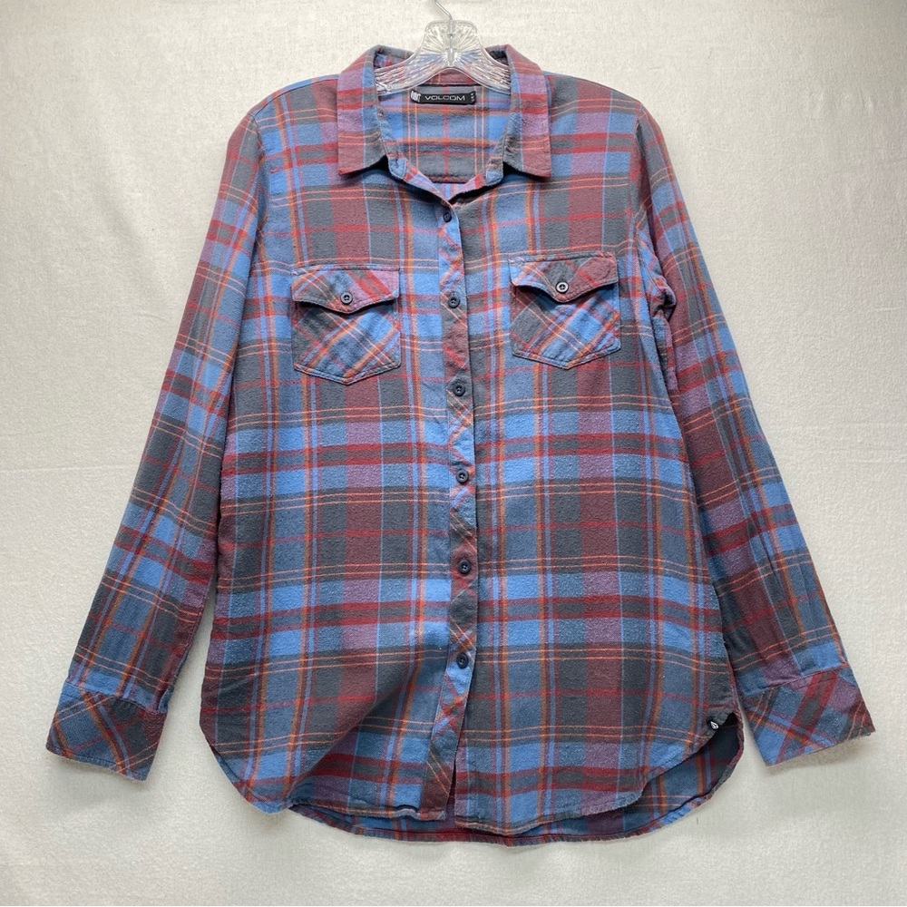 Volcom Women's Medium Flannel Plaid Shirt Blue Red Cotton Workwear Casual Relax